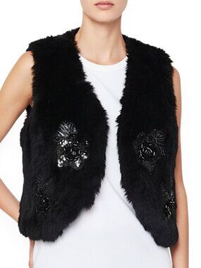 Funky East Black Lux Real Rabbit Fur Sequined Beaded Vest Jacket Boho M